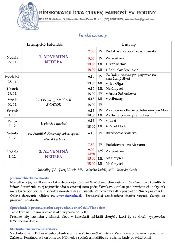 Farské oznamy (27. november 2022)