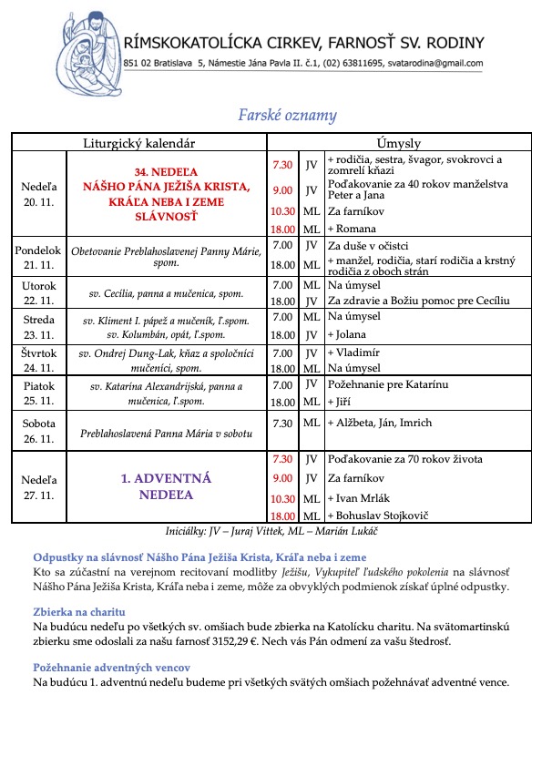 Farské oznamy (20. november 2022)