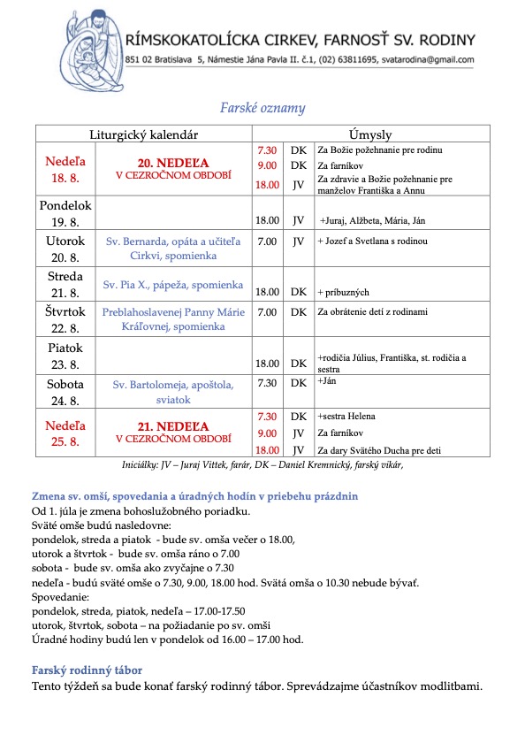 Farské oznamy 18. augusta 2024