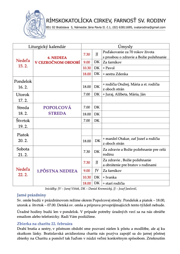 Farské oznamy (15. február 2026)