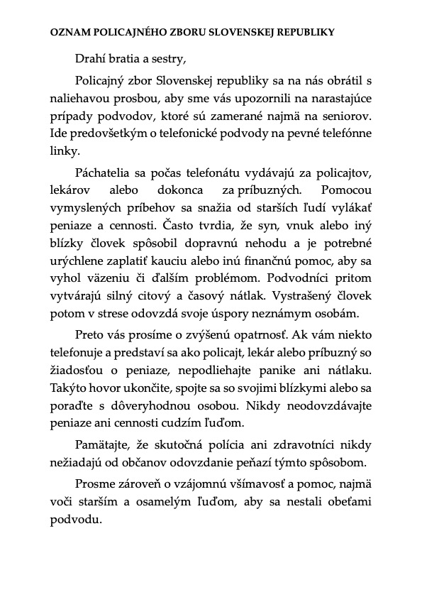 OZNAM POLICAJNÉHO ZBORU SLOVENSKEJ REPUBLIKY