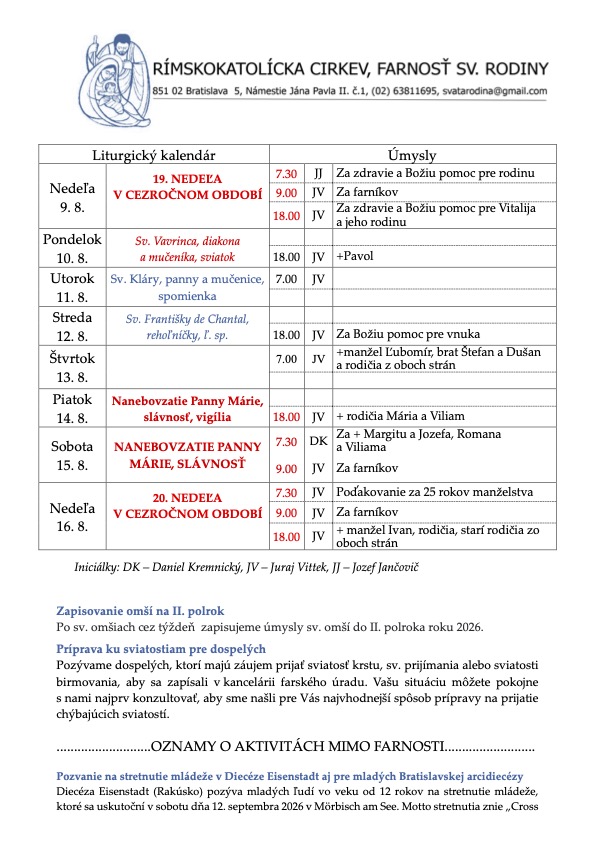 Farské oznamy (9. august 2026)