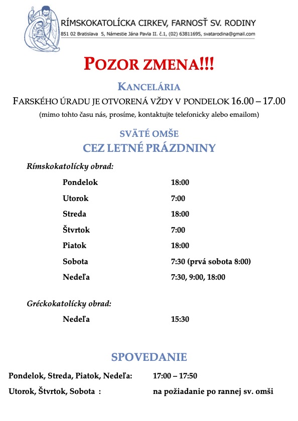 Rozpis omší a spovedania júl-august