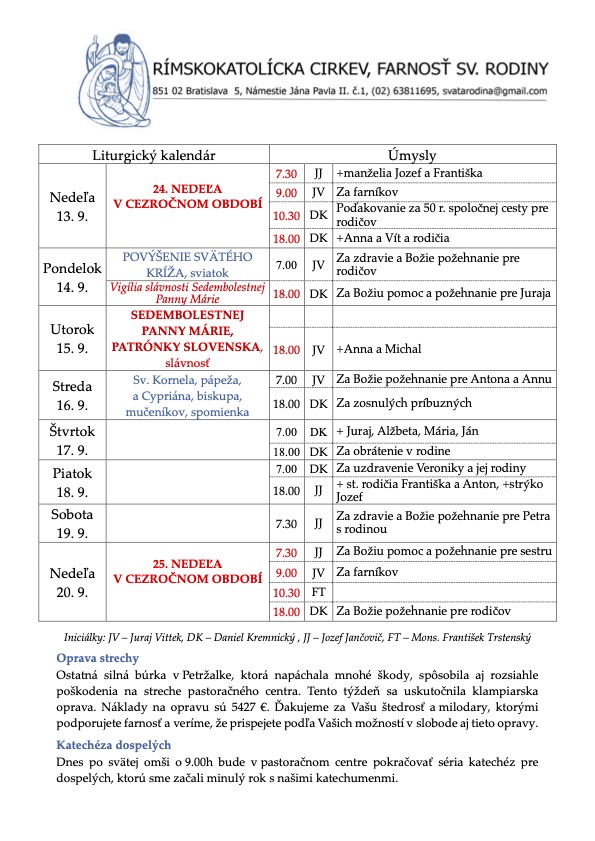 Farské oznamy (13. september 2026)